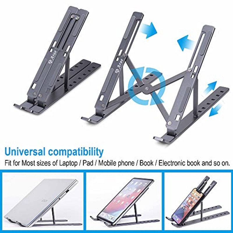 책상용 Arae 노트북 스탠드, 조절 가능한 인체공학적 휴대용 알루미늄 홀더, 컴퓨터용 접이식, 9-15.6인치 노트북과 호환되는 7각 미끄럼 방지 라이저, 회색