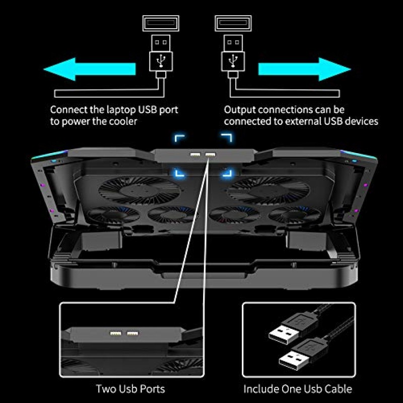 ICE COOREL 게이밍 노트북 냉각 패드 15-17.3인치, 6개의 냉각 팬이 있는 노트북 팬, 6개의 높이 조절이 가능한 노트북 냉각 스탠드, RGB 조명이 있는 노트북 쿨러, LCD 화면, USB 포트 2개, 휴대폰 스탠드
