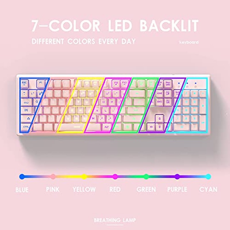 7색 LED 백라이트가 포함된 Basaltech 핑크 키보드, 104키 조용한 무음 조명 키보드, 19키 안티 고스팅 저렴한 게이밍 키보드 기계적 느낌 컴퓨터, Mac, 노트북용 방수 유선 USB