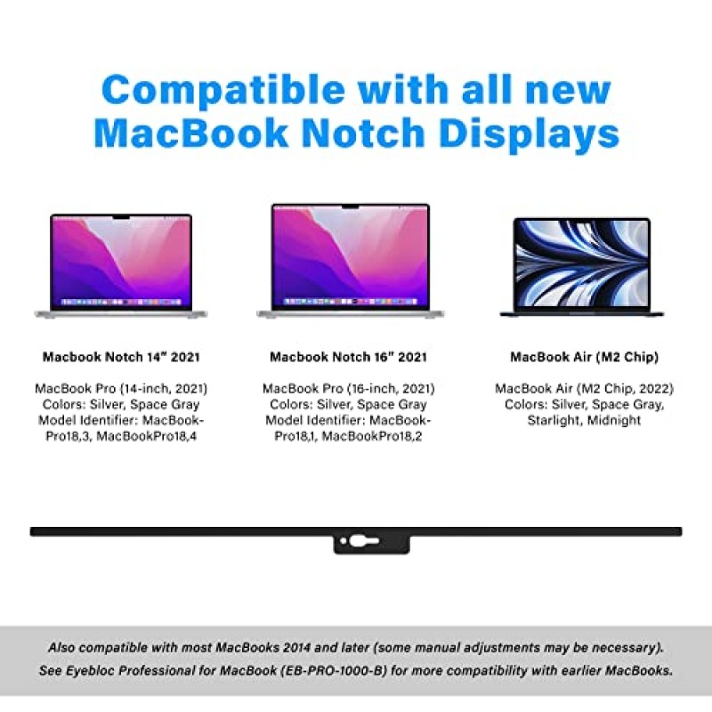 MacBook Notch 시리즈 2022용 EyeBloc 웹캠 커버. 모든 2021 및 2022 MacBook Air 및 MacBook Pro 노치 디스플레이용으로 설계됨