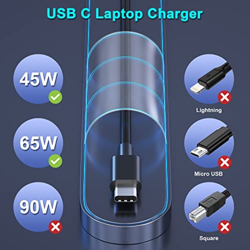 Lenovo 노트북 충전기, 65W 45W AC 어댑터 USB C 전원 공급 장치 Lenovo Ideapad Thinkpad, MacBook Pro, HP, Dell, Samsung, Nintendo Switch 및 기타 USB C 노트북 또는 휴대폰용 컴퓨터 충전기 전원 코드