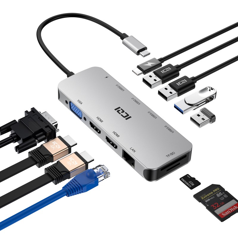 USB C 도킹 스테이션 듀얼 모니터, MacBook/Dell/HP/Lenovo/Surface Pro 노트북용 ICZI 11 트리플 디스플레이 USB C 허브 멀티포트 어댑터, USB C 동글(HDMI 4K+VGA+100W PD+4 USB 포트+이더넷+ SD/TF)