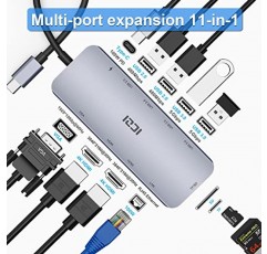 USB C 도킹 스테이션 듀얼 모니터, MacBook/Dell/HP/Lenovo/Surface Pro 노트북용 ICZI 11 트리플 디스플레이 USB C 허브 멀티포트 어댑터, USB C 동글(HDMI 4K+VGA+100W PD+4 USB 포트+이더넷+ SD/TF)