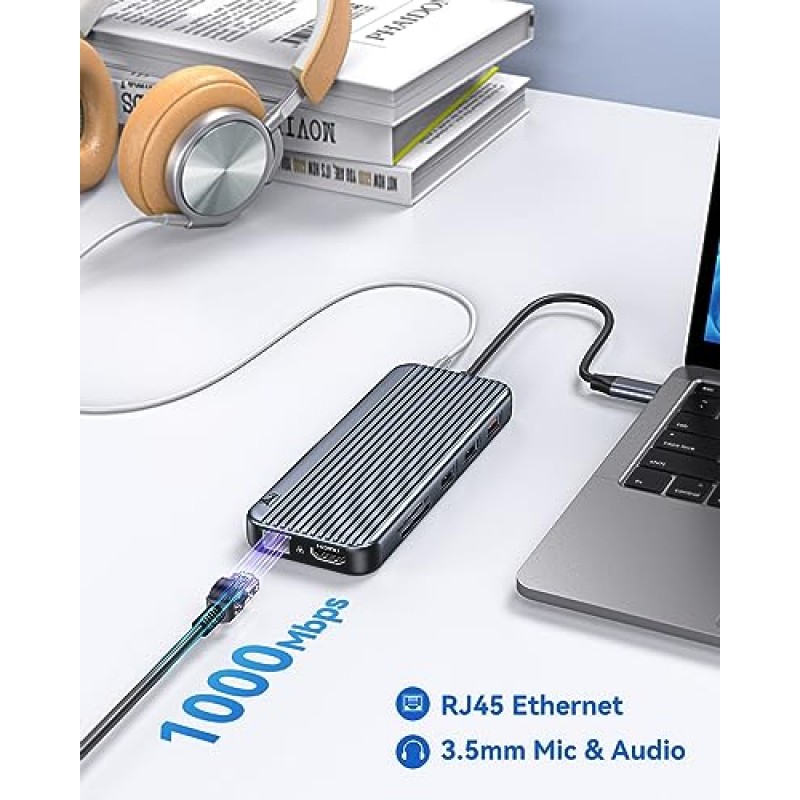 USB C 도킹 스테이션 3 모니터, 노트북 도크 USB C 허브(HDMI 3개, 10GB USB C/A 3.1,100W PD, 이더넷, Dell/HP/Lenovo/MacBook용 오디오 포트 포함)