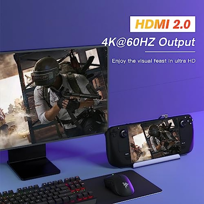 스팀 데크용 도킹 스테이션, HDMI 4K @ 60Hz, USB-A 3.0 3개, 기가비트 이더넷, 100W PD 급속 충전, 밸브 스팀 데크 스탠드 및 전화, 태블릿, 노트북용 액세서리를 갖춘 6 in 1 Topbuy 스팀 데크 독