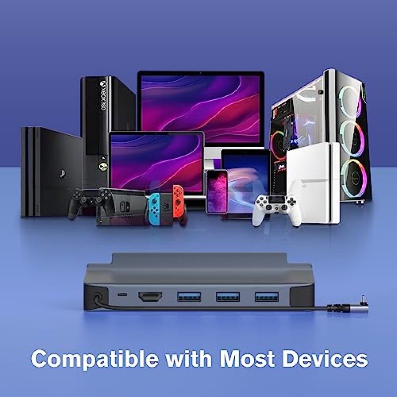 스팀 데크용 도킹 스테이션, HDMI 4K @ 60Hz, USB-A 3.0 3개, 기가비트 이더넷, 100W PD 급속 충전, 밸브 스팀 데크 스탠드 및 전화, 태블릿, 노트북용 액세서리를 갖춘 6 in 1 Topbuy 스팀 데크 독