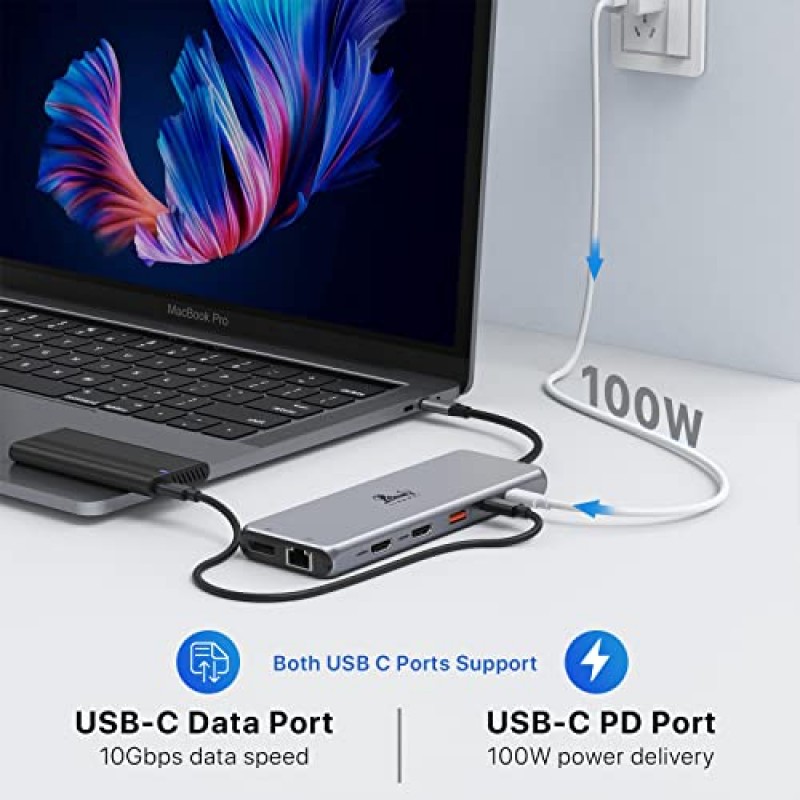 USB C 도킹 스테이션 듀얼 모니터 13 in 1 트리플 디스플레이 USB C 허브 다중 어댑터(HDMI+DP+8 USB C/A 포트 2개 포함)+이더넷+오디오, MacBook/Dell/HP/Lenovo ThinkPad/Surface용 USB C 동글