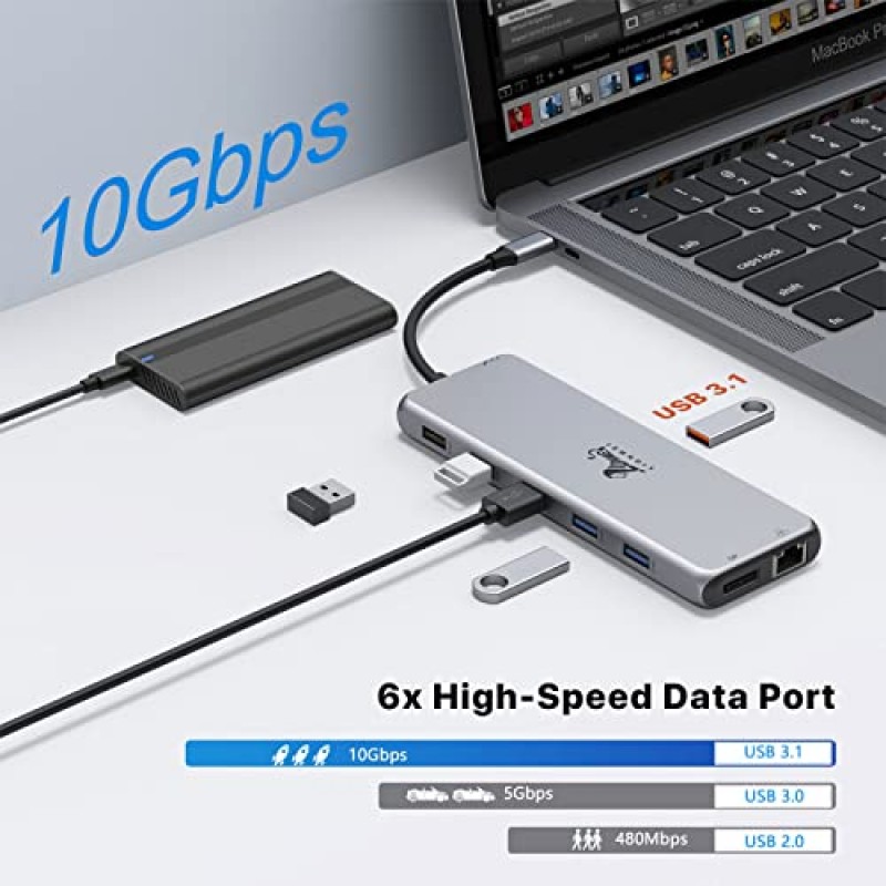 USB C 도킹 스테이션 듀얼 모니터 13 in 1 트리플 디스플레이 USB C 허브 다중 어댑터(HDMI+DP+8 USB C/A 포트 2개 포함)+이더넷+오디오, MacBook/Dell/HP/Lenovo ThinkPad/Surface용 USB C 동글