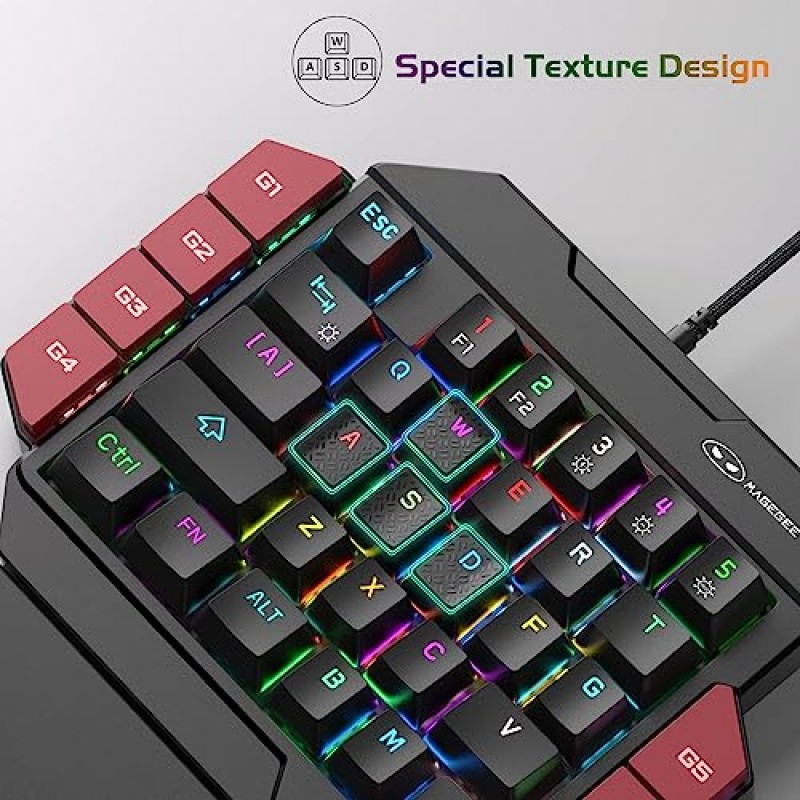 MageGee 한 손으로 전문 게임 키보드, RGB 백라이트 35 키 PC 게이머용 빨간색 스위치가 있는 미니 유선 기계식 키보드, 6개 매크로 키 지원 - 검정/빨간색