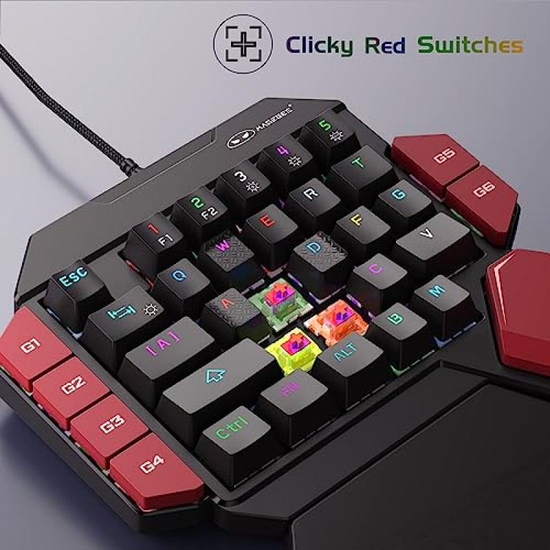 MageGee 한 손으로 전문 게임 키보드, RGB 백라이트 35 키 PC 게이머용 빨간색 스위치가 있는 미니 유선 기계식 키보드, 6개 매크로 키 지원 - 검정/빨간색