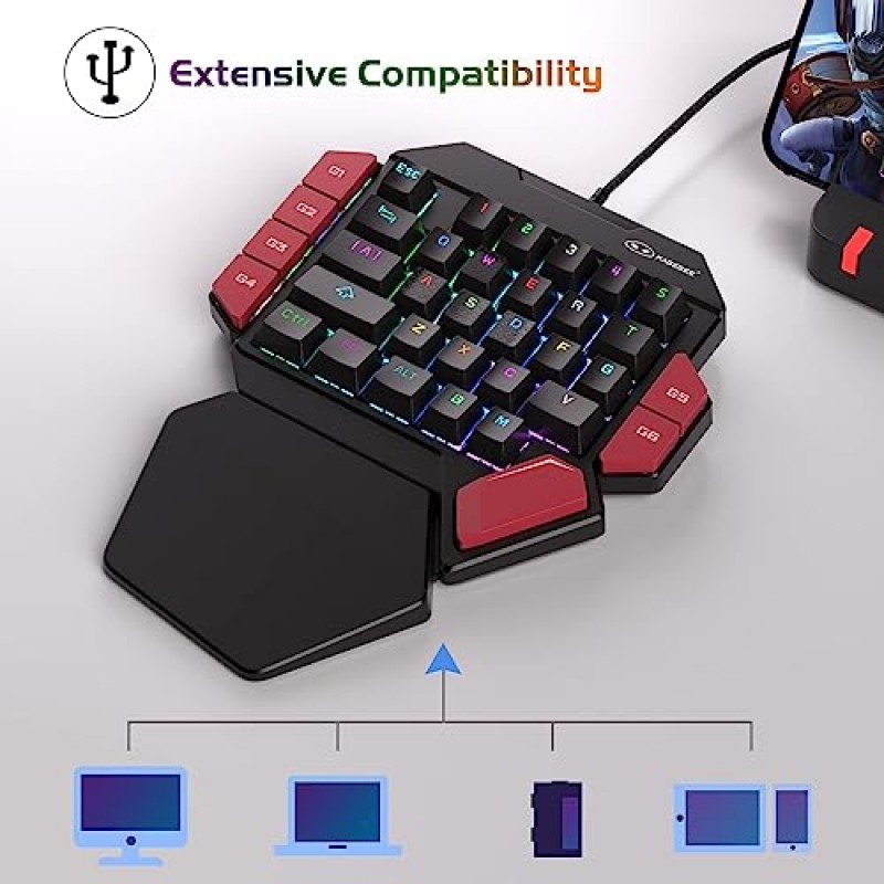 MageGee 한 손으로 전문 게임 키보드, RGB 백라이트 35 키 PC 게이머용 빨간색 스위치가 있는 미니 유선 기계식 키보드, 6개 매크로 키 지원 - 검정/빨간색