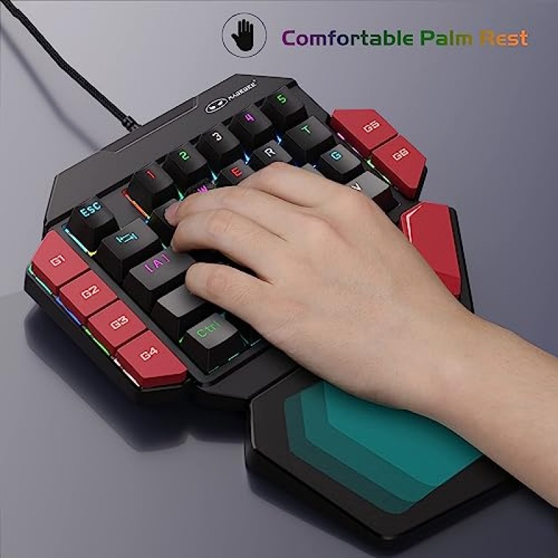 MageGee 한 손으로 전문 게임 키보드, RGB 백라이트 35 키 PC 게이머용 빨간색 스위치가 있는 미니 유선 기계식 키보드, 6개 매크로 키 지원 - 검정/빨간색