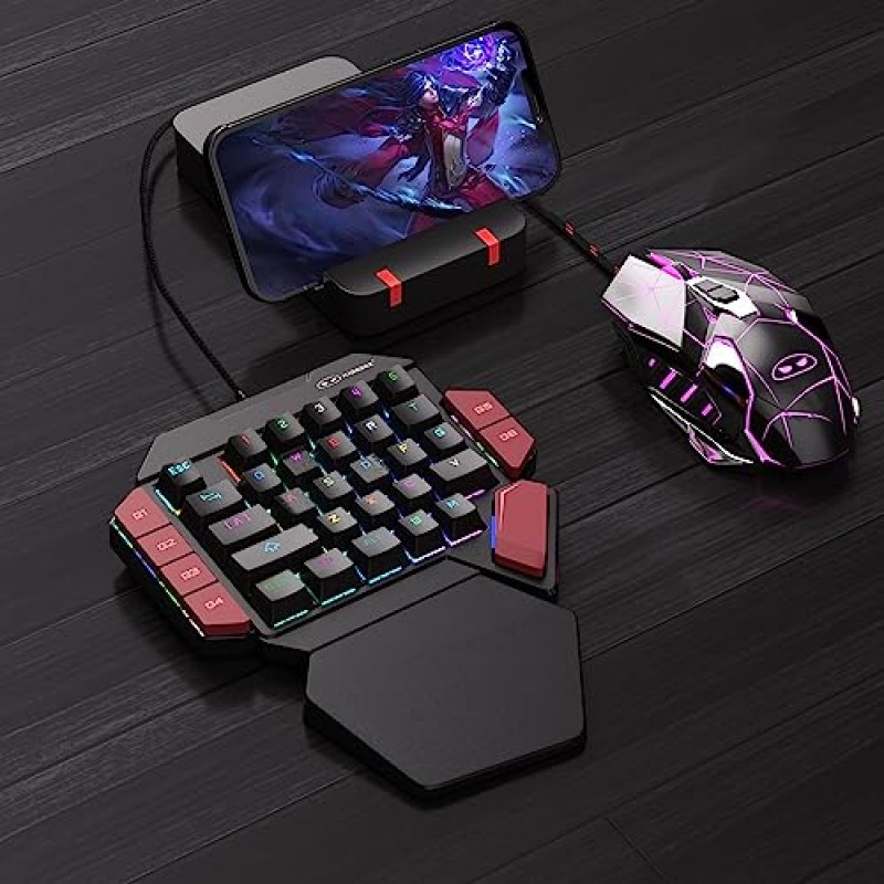 MageGee 한 손으로 전문 게임 키보드, RGB 백라이트 35 키 PC 게이머용 빨간색 스위치가 있는 미니 유선 기계식 키보드, 6개 매크로 키 지원 - 검정/빨간색