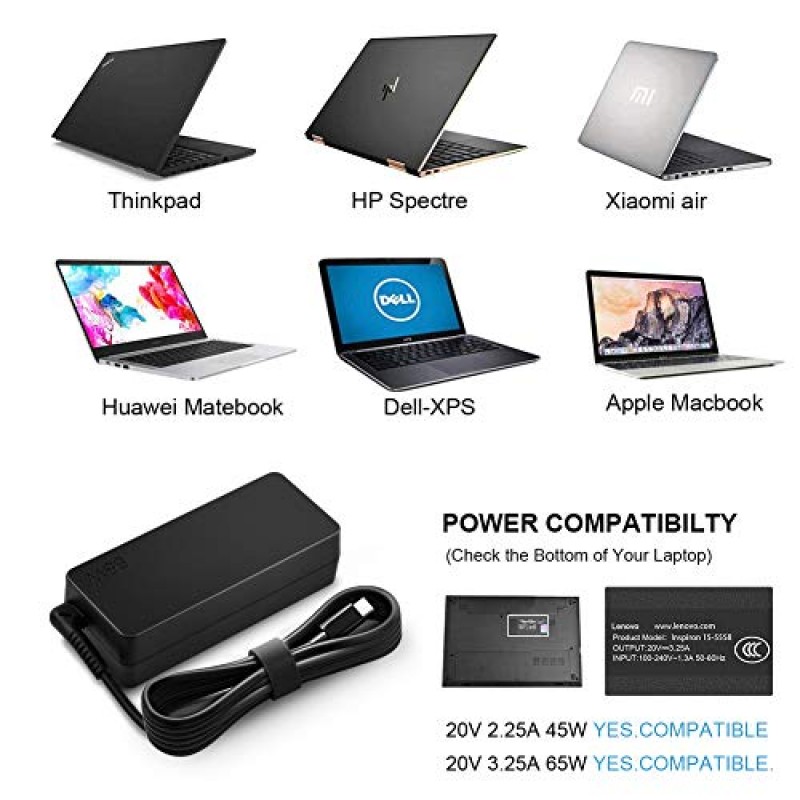 레노버 노트북 컴퓨터용 충전기 65W 45W USB C 고속 전원 어댑터