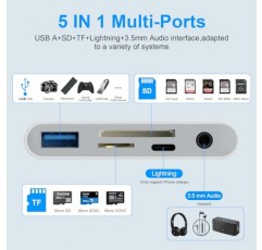 【Apple MFi 인증】 5-in-1 Lightning+Type C+USB 마이크로 SD 및 SD 카드 슬롯이 있는 iPhone/iPad/Android/PC/카메라/하드 디스크/플래시 드라이브용 SD 카드 리더기, 고속 충전 포트, 3.5mm 잭