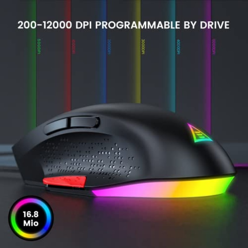 EKSA 게이밍 마우스 유선, 90g PC 게이밍 마우스, 200-12000 DPI 조정 가능, 프로그래밍 가능 버튼 9개, RGB 백라이트 12개, 스나이퍼 버튼, Windows/PC/Mac/노트북용 인체공학적 컴퓨터 마우스