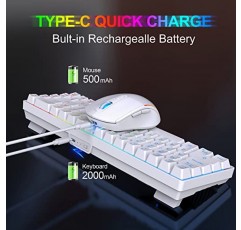 Snpurdiri 60% 무선 게이밍 키보드 및 마우스 콤보, LED 백라이트 충전식 2000mAh 배터리, 미니 기계적 느낌 안티 고스팅 키보드 + PC 게이머용 6D 3200DPI 마우스(흰색)