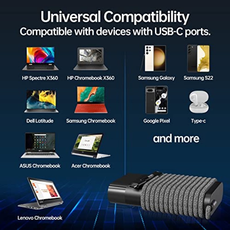 HP USB C 노트북 충전기용 65W - HP Envy X360 충전기 - HP Elitebook 충전기 - HP Probook 충전기 - HP Spectre x360 충전기 - HP Chromebook/Pavilion/분할 충전기, Type C 전원 코드 공급 AC 어댑터