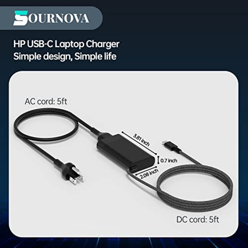 HP USB C 노트북 충전기용 65W - HP Envy X360 충전기 - HP Elitebook 충전기 - HP Probook 충전기 - HP Spectre x360 충전기 - HP Chromebook/Pavilion/분할 충전기, Type C 전원 코드 공급 AC 어댑터