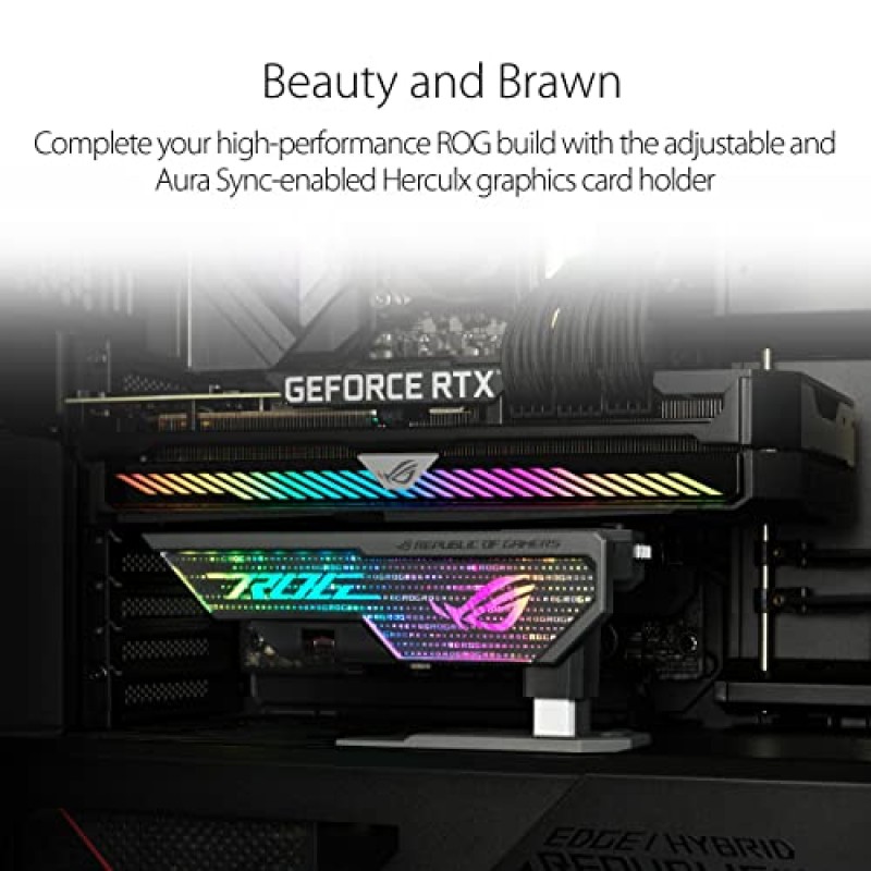 ASUS ROG Herculx 그래픽 카드 처짐 방지 홀더 브래킷(단단한 아연 합금 구조, 도구가 필요 없는 손쉬운 설치, 수준기 포함, 높이 조절 가능, 넓은 호환성, Aura Sync RGB)