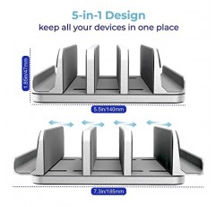 TEFONIA 세로형 노트북 스탠드 홀더 5개 슬롯, 알루미늄 공간 절약형 노트북 홀더, 조정 가능한 크기 도크 탁상용 책상 정리함 Apple MacBook/Surface/PC/태블릿/iPad/iPhone용 3 슬롯 + 2개(실버)