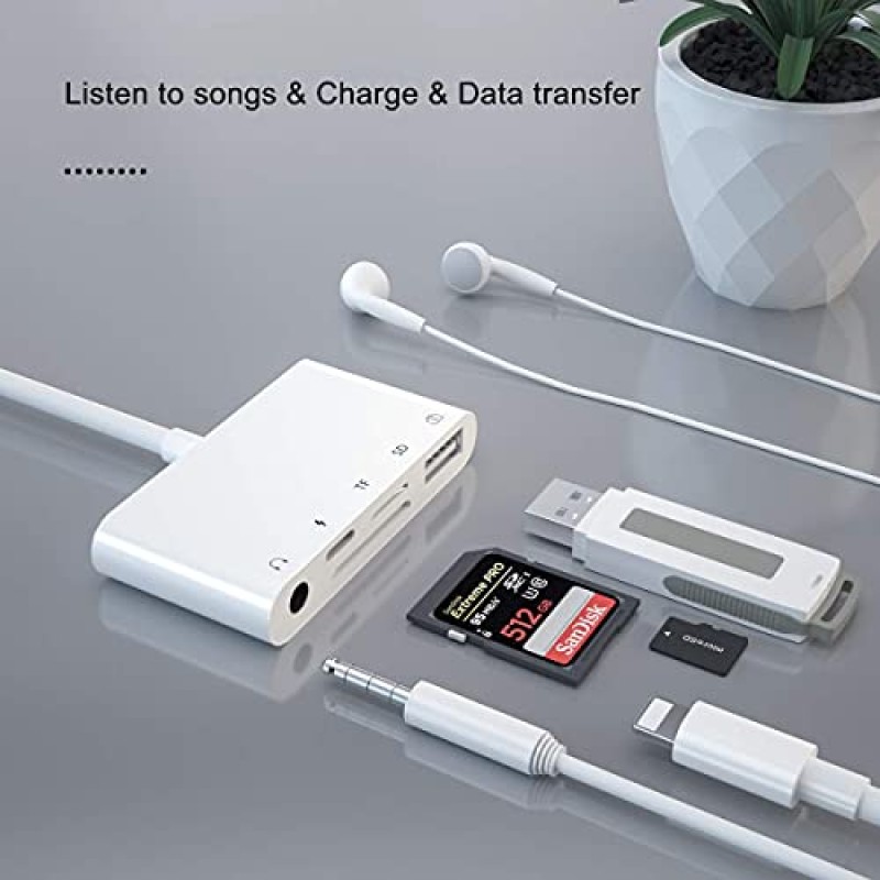 SD 카드 리더 iPhone용 USB 카메라 어댑터, SD TF 카드 리더 및 3.5mm 헤드폰 잭이 포함된 5 in 1 USB OTG 카메라 연결 키트 어댑터 및 iOS 15가 탑재된 iPhone 13 Pro/iPad용 충전 어댑터