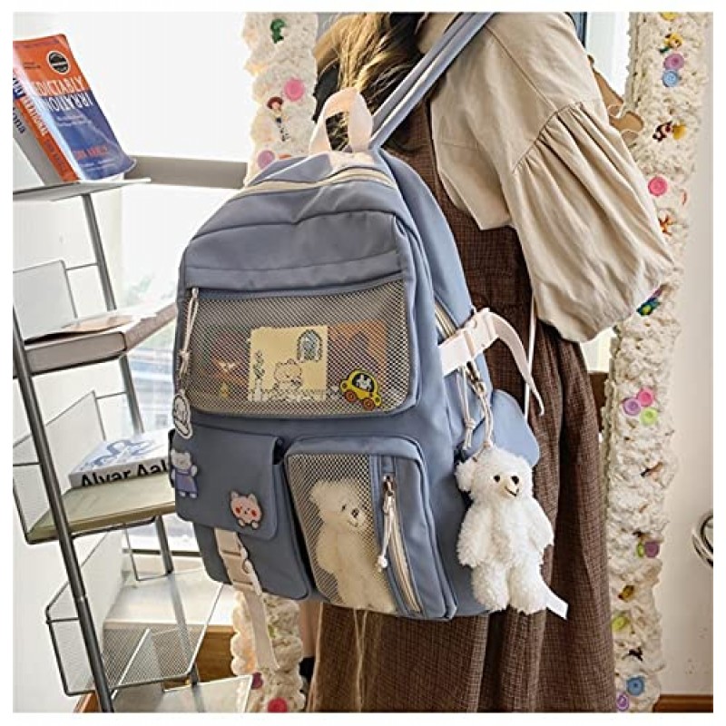 CM C&M WODRO Kawaii 배낭 여성용 여성용 핀 베어 액세서리 귀여운 대학 고등학교 배낭 노트북 Bookbag Blue