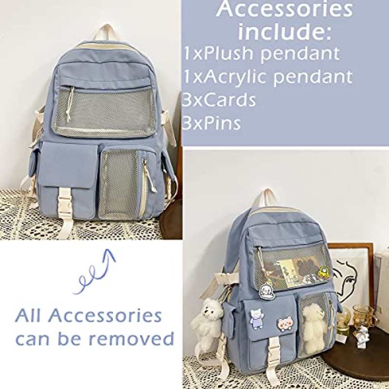 CM C&M WODRO Kawaii 배낭 여성용 여성용 핀 베어 액세서리 귀여운 대학 고등학교 배낭 노트북 Bookbag Blue