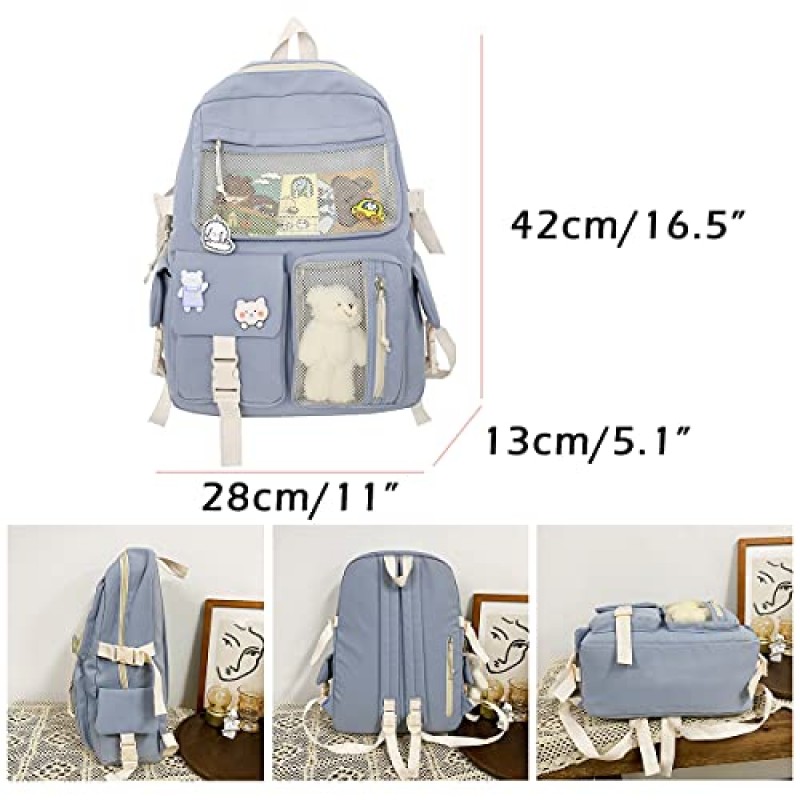 CM C&M WODRO Kawaii 배낭 여성용 여성용 핀 베어 액세서리 귀여운 대학 고등학교 배낭 노트북 Bookbag Blue