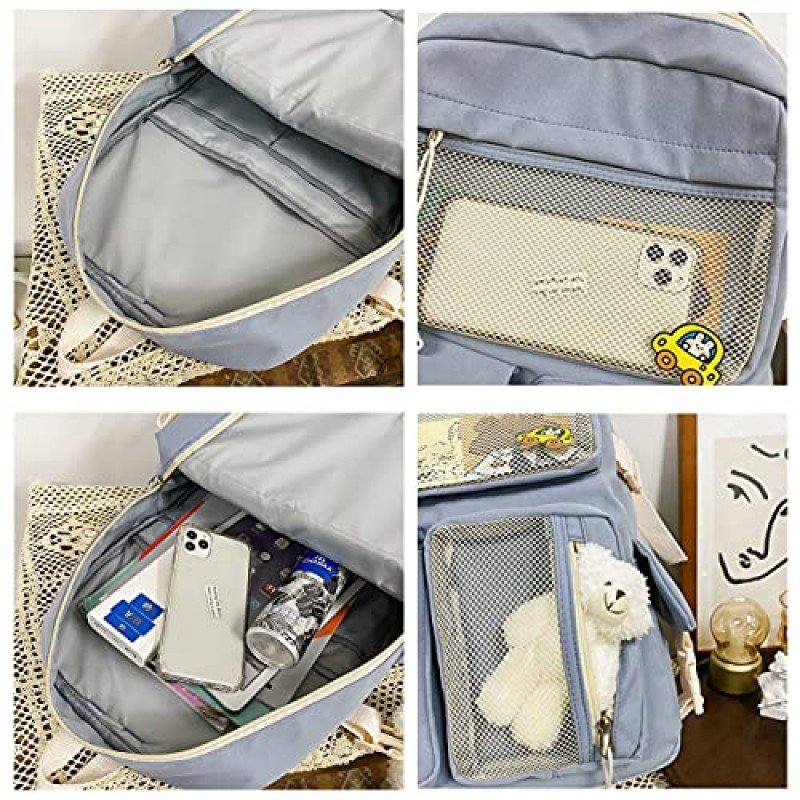 CM C&M WODRO Kawaii 배낭 여성용 여성용 핀 베어 액세서리 귀여운 대학 고등학교 배낭 노트북 Bookbag Blue