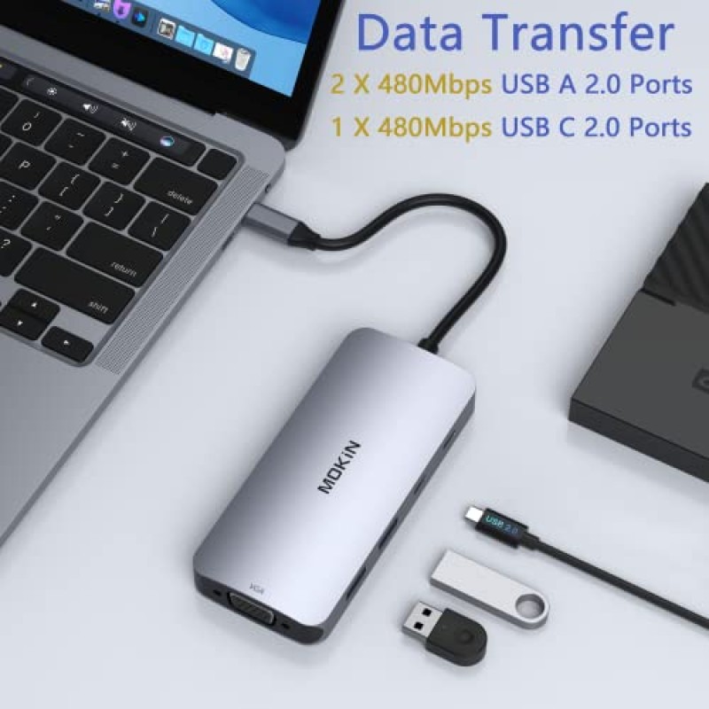 노트북 도킹 스테이션 듀얼 모니터, HDMI 2개를 갖춘 USB C 허브, DisplayPort, VGA, PD 충전, USB A&C 2.0 포트, Dell/HP/Lenovo용 MOKiN 멀티 모니터 어댑터