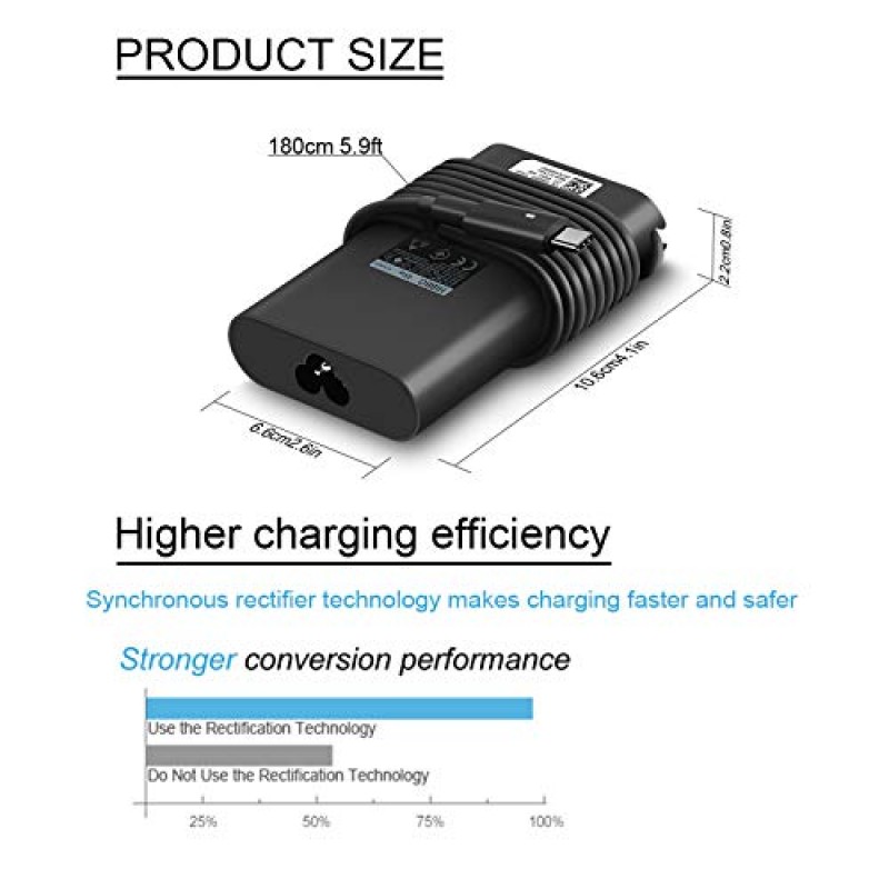 Dell 노트북 컴퓨터용 충전기 45W USB C 고속 전원 어댑터