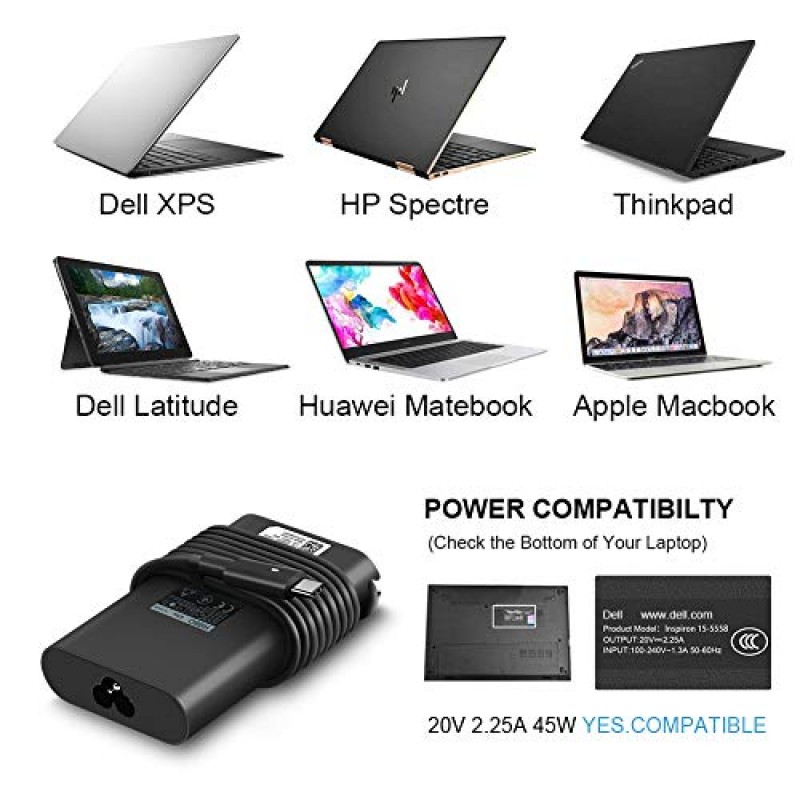 Dell 노트북 컴퓨터용 충전기 45W USB C 고속 전원 어댑터