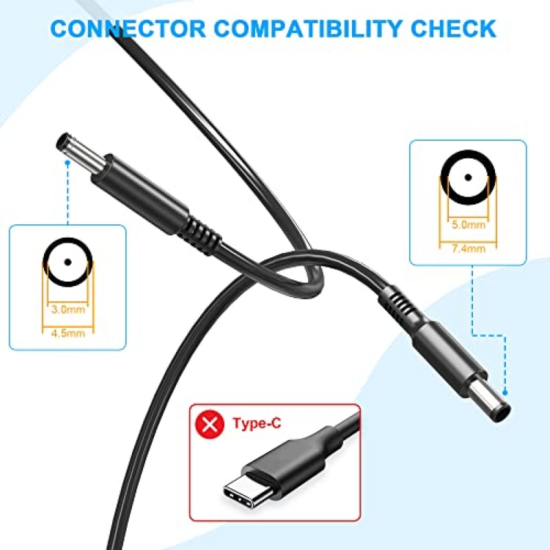 Dell 노트북 충전기용 65W 45W 2개 팁 충전기, 모든 65W 45W 교체 Dell inspiron 13 14 15 17 3000 5000 7000 시리즈 노트북 원형 연결 충전기(7.4mm 및 4.5mm)
