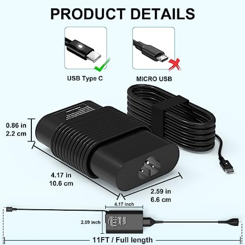 Dell USB C 충전기용: Dell 노트북 충전기 USB C 65W 45W, Dell 노트북용 충전기, Dell USBC-C 충전기 노트북 컴퓨터 전원 코드 교체 Dell Latitude/XPS 13/Chromebook USB-C Type C AC 어댑터