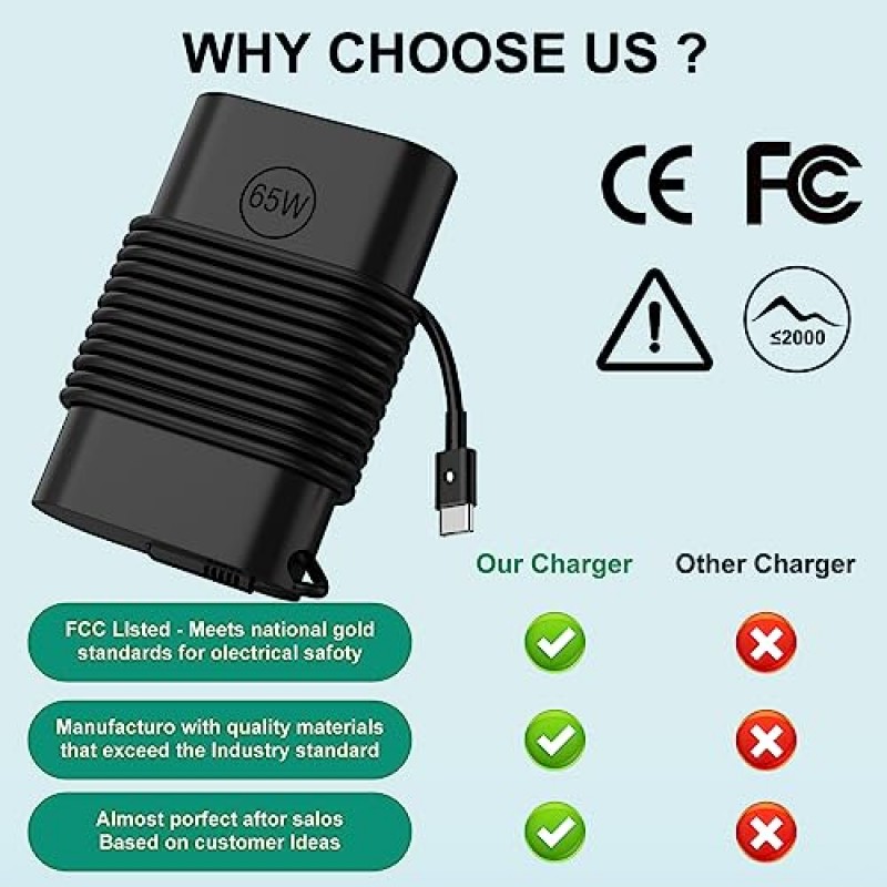 Dell USB C 충전기용: Dell 노트북 충전기 USB C 65W 45W, Dell 노트북용 충전기, Dell USBC-C 충전기 노트북 컴퓨터 전원 코드 교체 Dell Latitude/XPS 13/Chromebook USB-C Type C AC 어댑터