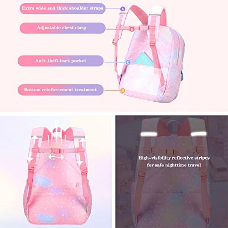 PRNGCAN Kawaii 배낭 소녀 배낭 별이 빛나는 무지개 Bookbag 귀여운 패션 배낭 노트북 여행 가방 (보라색-16.5in)