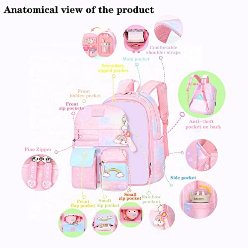 PRNGCAN Kawaii 배낭 소녀 배낭 별이 빛나는 무지개 Bookbag 귀여운 패션 배낭 노트북 여행 가방 (보라색-16.5in)