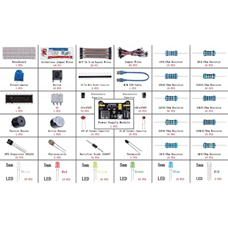 BOJACK 37 Values ​​전원 공급 장치 모듈, 점퍼 와이어, 정밀 전위차계, STM32,Raspberry Pi,Arduino와 호환되는 830 타이 포인트 브레드보드가 포함된 480개 전자 부품 재미 키트