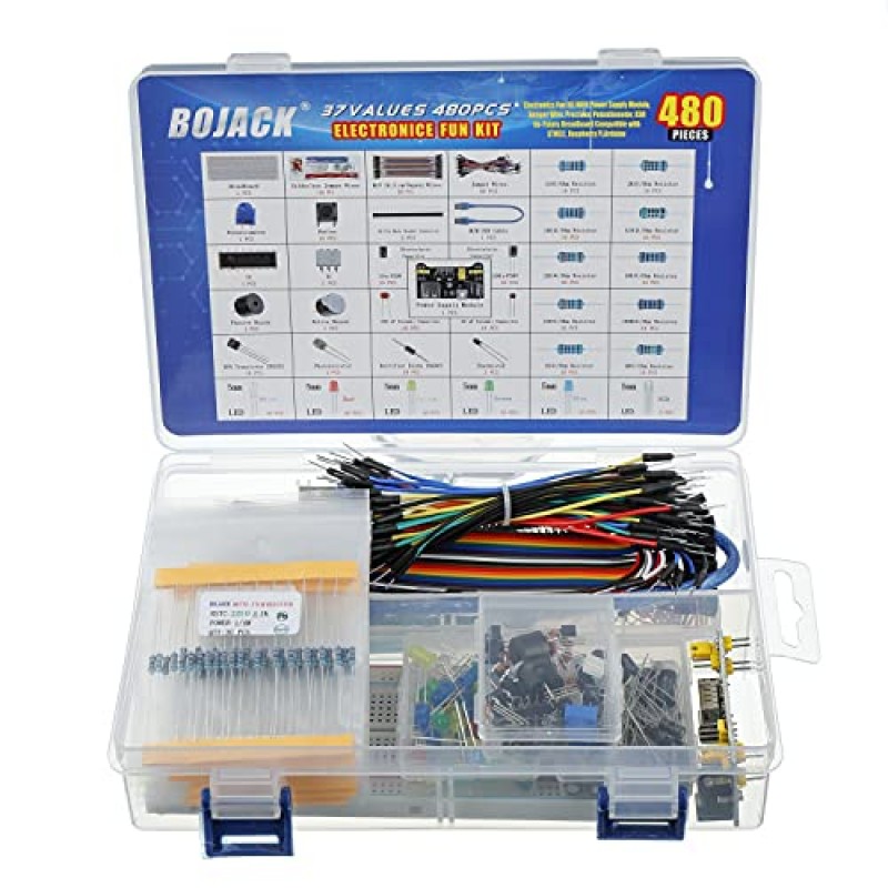 BOJACK 37 Values ​​전원 공급 장치 모듈, 점퍼 와이어, 정밀 전위차계, STM32,Raspberry Pi,Arduino와 호환되는 830 타이 포인트 브레드보드가 포함된 480개 전자 부품 재미 키트