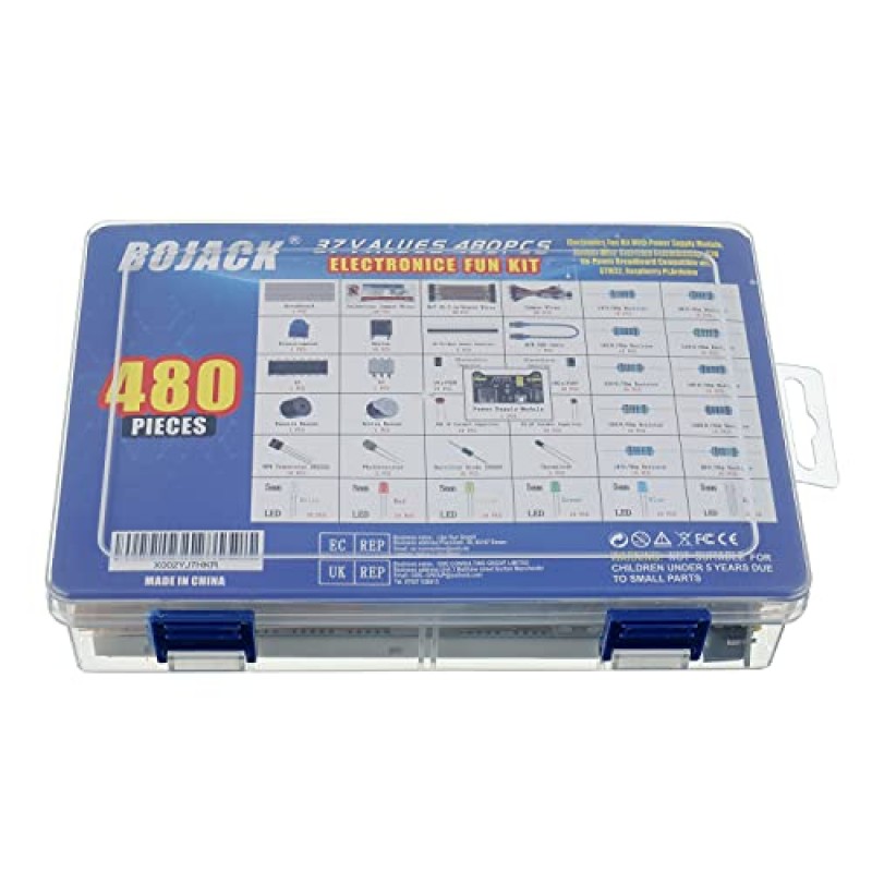 BOJACK 37 Values ​​전원 공급 장치 모듈, 점퍼 와이어, 정밀 전위차계, STM32,Raspberry Pi,Arduino와 호환되는 830 타이 포인트 브레드보드가 포함된 480개 전자 부품 재미 키트
