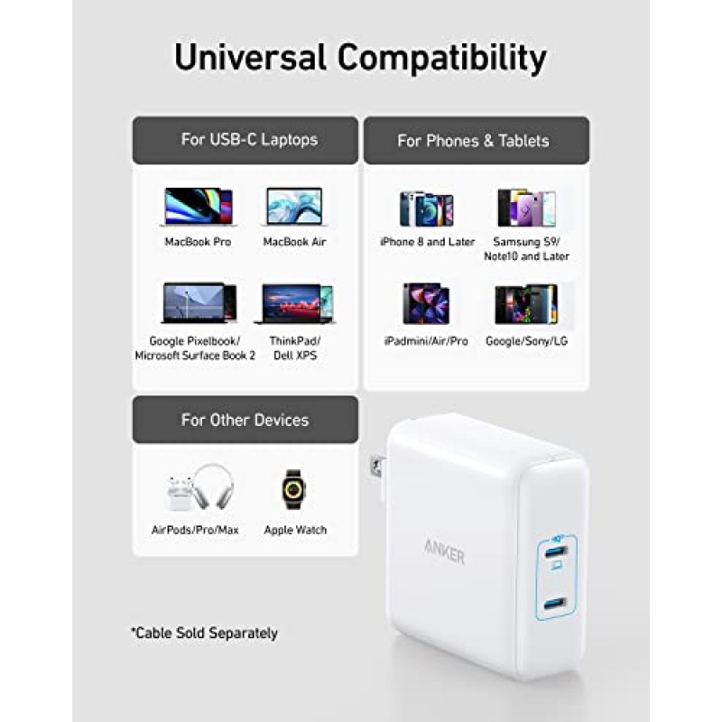 Mac Book Pro 충전기, Anker 100W 고속 충전기, USB C 포트용 2포트 전원 어댑터 MacBook pro, MacBook Air, iPad Pro, iPhone 14 Pro, Google Pixelbook 및 모든 USB C 장치(케이블은 포함되지 않음)