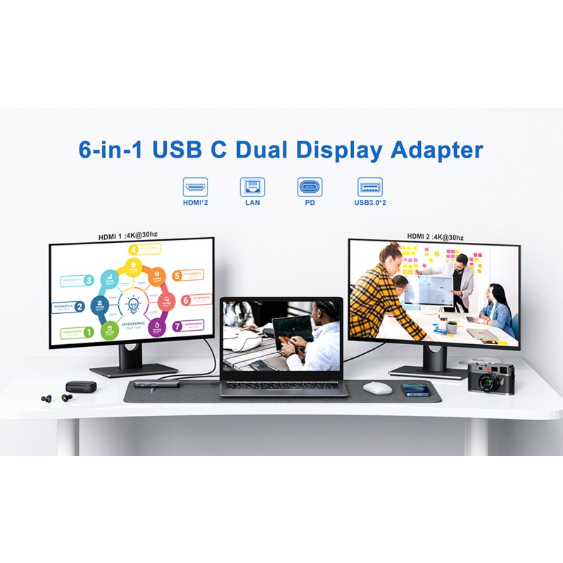 USB C 도킹 스테이션 듀얼 모니터, USB C-듀얼 HDMI 어댑터, Dell/Surface/HP/Lenovo 노트북용 듀얼 4K HDMI+기가비트 이더넷+2 USB3.0+100W PD 포트가 있는 노트북 도킹 스테이션