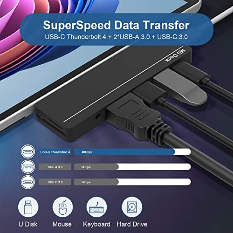 Surface Pro 9 액세서리, Surface Pro 8 허브(4K HDMI 포함), 100W USB C Thunderbolt 4(디스플레이+40Gbps+PD), USB C, 오디오, 2* USB A 3.0, TF/SD 카드, Microsoft Surface Pro 9용 트리플 디스플레이 8/X