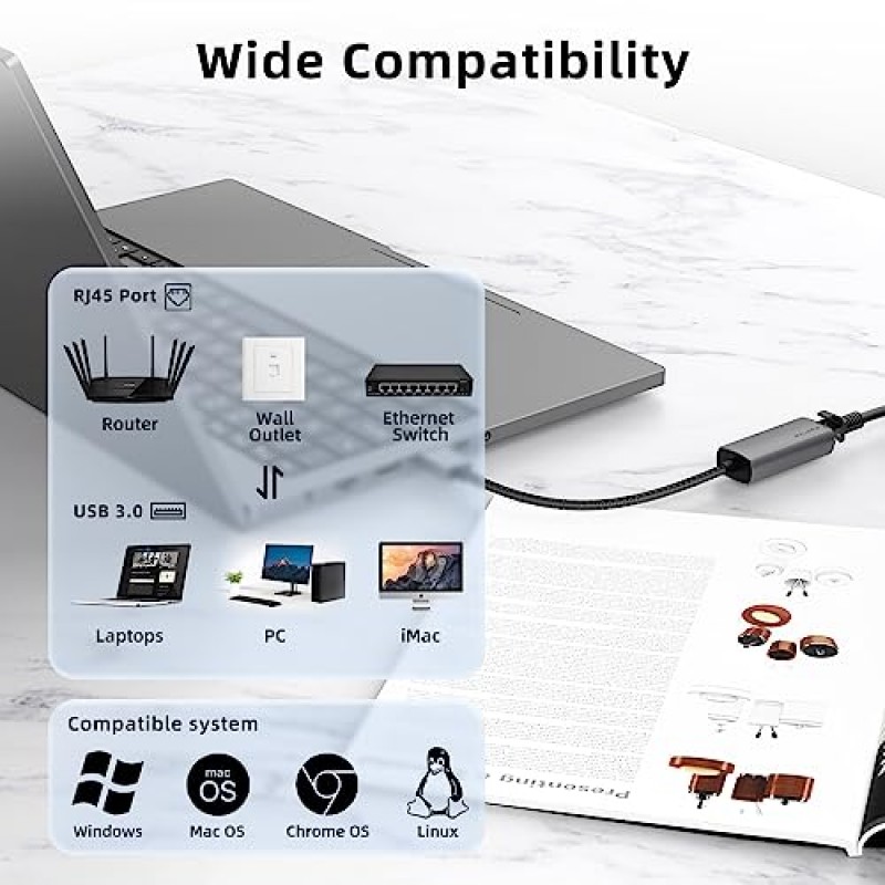 WALNEW USB 3.0 이더넷 어댑터, 1000Mbps 기가비트 USB LAN 네트워크 어댑터, Mac, MacBook Pro/Air, Surface Pro/Book/Go/노트북, Chromebook, Dell XPS 15 13용 RJ45 암 케이블 변환기에 USBA 수