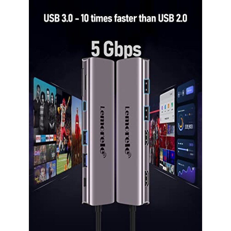 Lemorele USB C - 듀얼 HDMI 어댑터, Windows용 10-in-1 USB C 도킹 스테이션 듀얼 모니터, 듀얼 HDMI 지원 USB C 어댑터, USB 3.0, 100W PD, USB-C 데이터, Dell XPS 13/15용 SD/TF, 레노버 요가 등