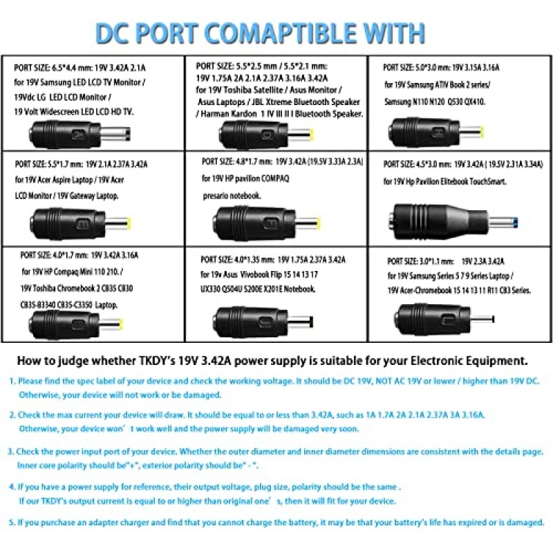 TKDY 19V 3.42A 범용 노트북 충전기 19Vdc LCD 모니터 전원 코드, DC 19V에 적합 3.16A 2.37A 2.1A 게이트웨이 Acer Asus Toshiba HP 컴퓨터 LG 삼성 모니터 JBL 스피커 AC 어댑터.