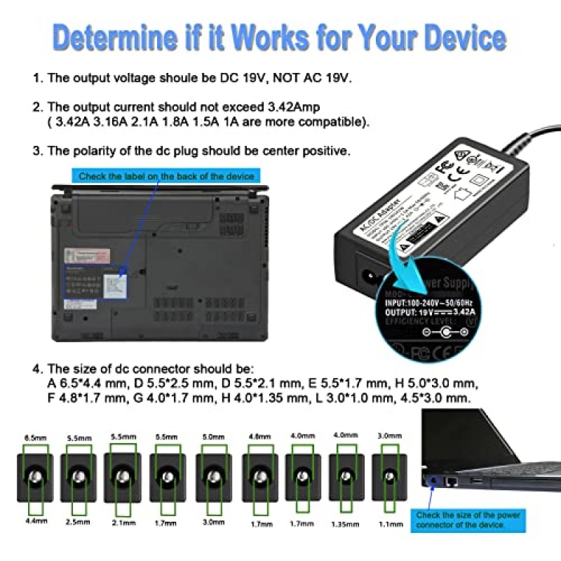 TKDY 19V 3.42A 범용 노트북 충전기 19Vdc LCD 모니터 전원 코드, DC 19V에 적합 3.16A 2.37A 2.1A 게이트웨이 Acer Asus Toshiba HP 컴퓨터 LG 삼성 모니터 JBL 스피커 AC 어댑터.