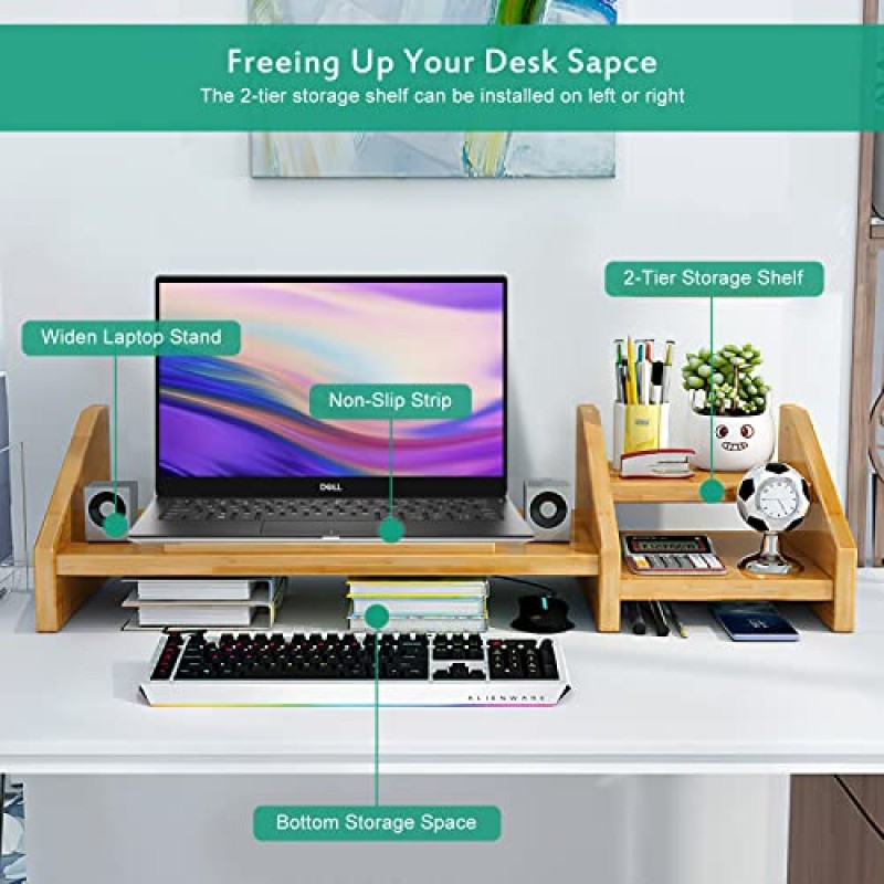 책상용 Ufine 대나무 노트북 스탠드 3 높이 조절 가능한 노트북 스탠드 2단 보관 선반이 있는 컴퓨터 모니터 라이저, 홈 오피스용 데스크탑 주최자 프린터 스탠드