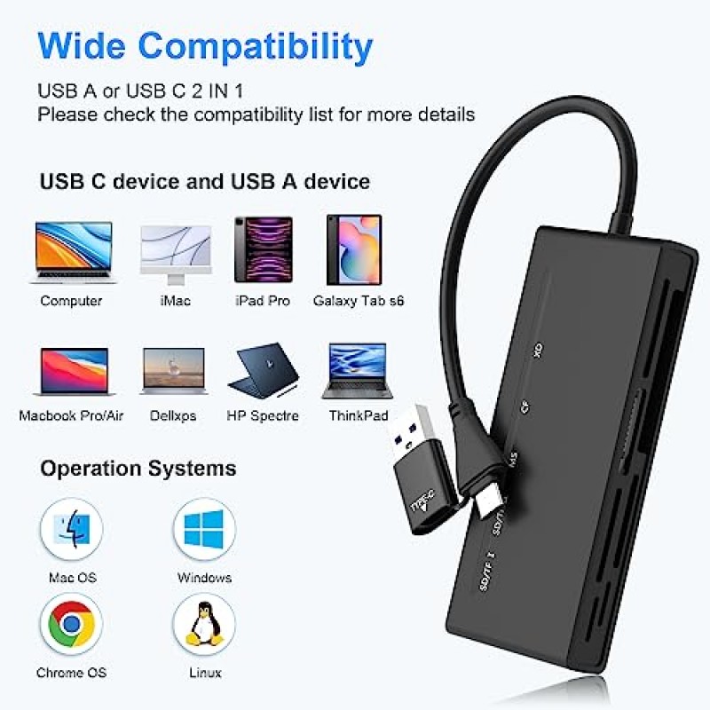 USB C USB 3.0 멀티 카드 리더기, CF SD XD MS TF 마이크로 SD SDHC SDXC UHS-I 카드, 5Gbps 고속 메모리 스틱 프로 듀오 어댑터용 2 USB 3.0 XD 카드 리더기 7개 동시에 5개 카드 읽기